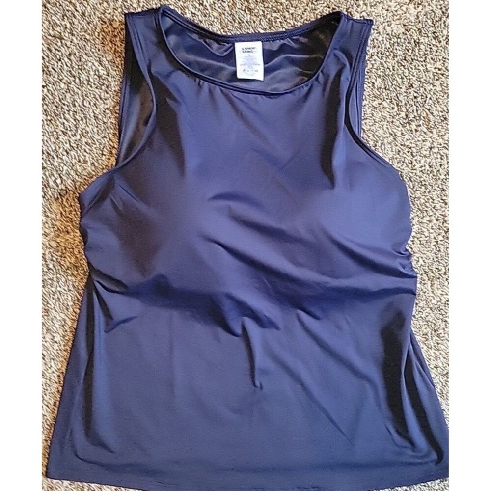 Women's Navy 16P Swim Top High Neck Padded Bra Lands' End Modest Solid S937